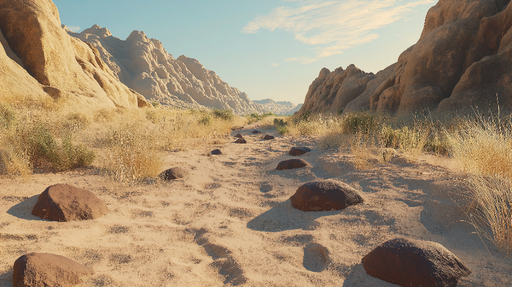 Papier peint paysage aride Chemin sableux entouré de roches et de végétation