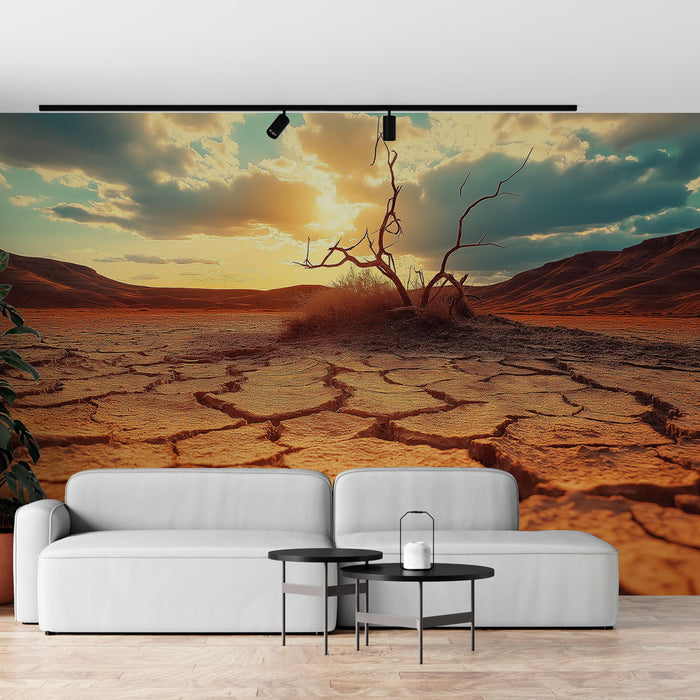 Papier peint paysage aride | Sol craqué et ciel vibrant