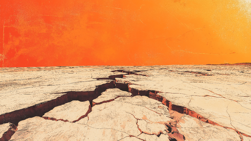 Papier peint paysage aride Sol craqué sous un ciel orange vif