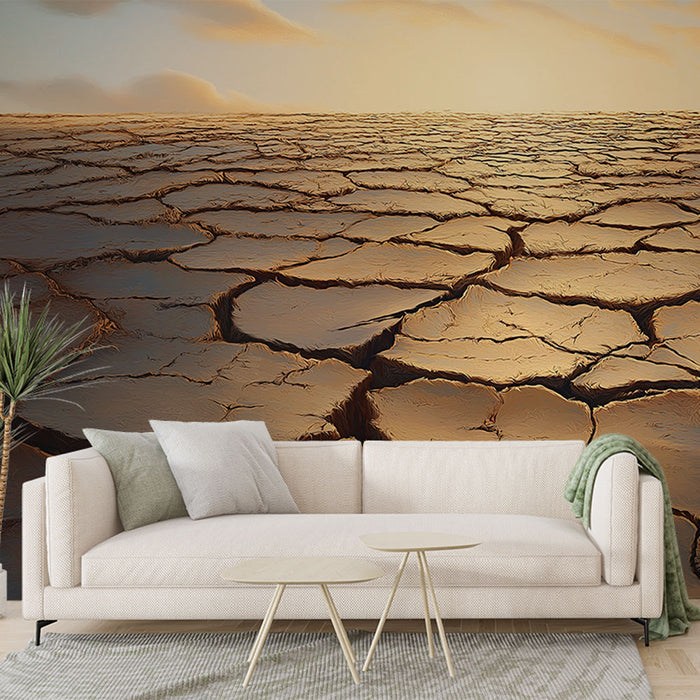 Papier peint paysage aride | Sol craquelé sous le soleil couchant