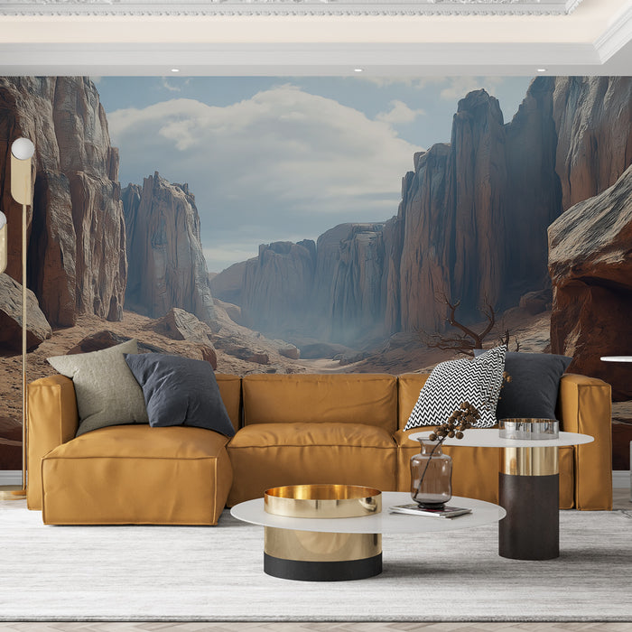 Un salon contemporain avec un papier peint représentant un paysage désertique majestueux, aux teintes ocres et bleutées, créant une atmosphère apaisante et immersive.