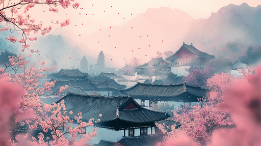 Papier peint paysage asiatique Cités sous la floraison des cerisiers