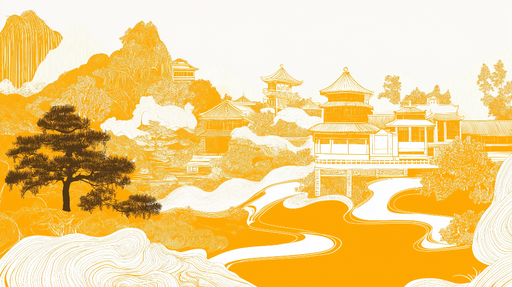 Papier peint paysage asiatique Design minimaliste en orange avec temples et nature