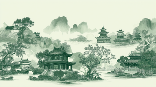 Papier peint paysage asiatique Éléments architecturaux traditionnels et nature sereine