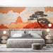Une chambre moderne avec un papier peint asiatique aux teintes orangées, représentant un paysage brumeux avec un pagode et des arbres stylisés, créant une atmosphère zen et apaisante.