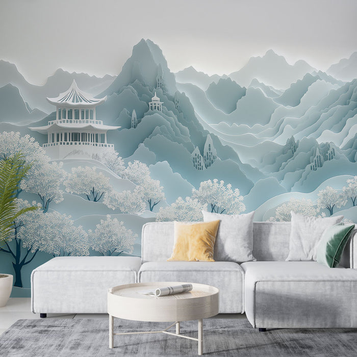 Papier peint paysage asiatique avec montagnes bleues et temple élégant pour salon moderne