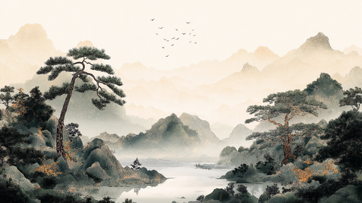 Papier peint paysage asiatique Montagnes brumeuses et arbres majestueux