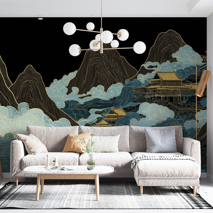 Un salon contemporain avec un papier peint artistique représentant des montagnes dorées et des nuages bleus sur fond noir, créant une atmosphère élégante et apaisante.