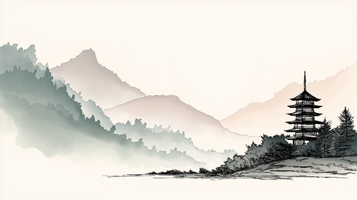 Papier peint paysage asiatique Montagnes et pagode dans un style aquarelle apaisant