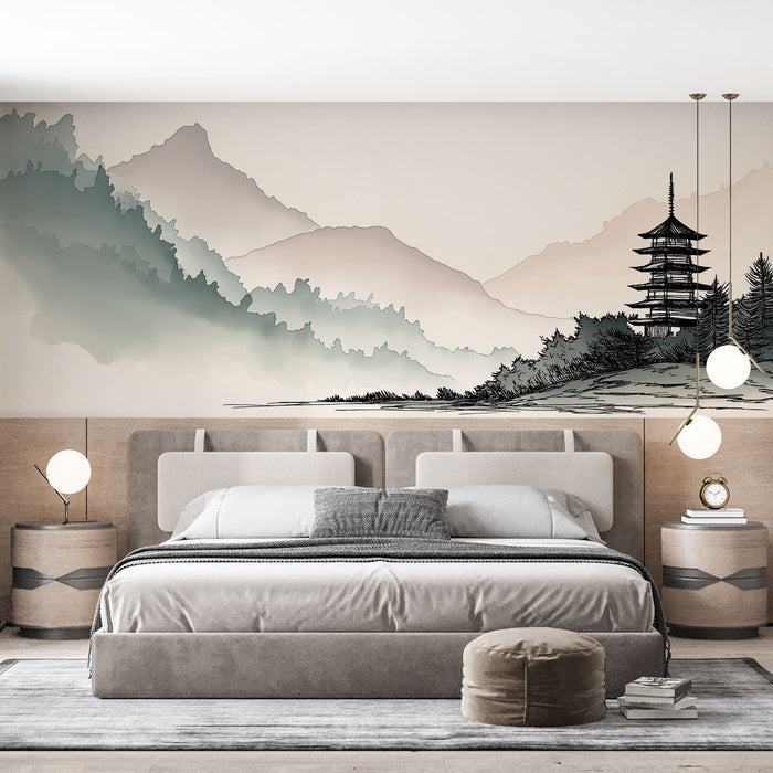 Une chambre moderne avec un papier peint représentant un paysage asiatique délicat, aux teintes douces de vert et de rose, créant une atmosphère zen et apaisante.
