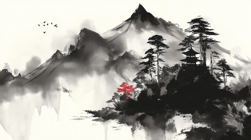 Papier peint paysage asiatique Montagnes majestueuses et pagode sur fond noir et blanc