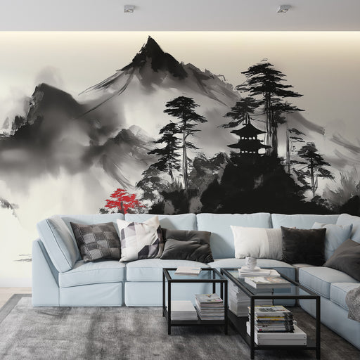 Un salon moderne avec un papier peint inspiré de l'art asiatique, représentant des montagnes en noir et blanc avec des touches de rouge et une ambiance zen.