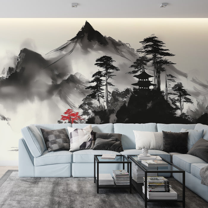 Un salon moderne avec un papier peint inspiré de l'art asiatique, représentant des montagnes en noir et blanc avec des touches de rouge et une ambiance zen.