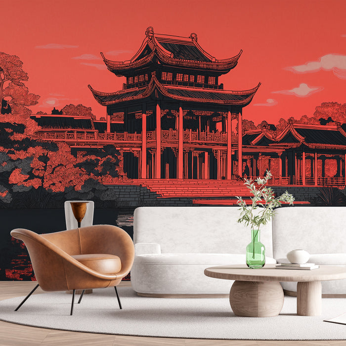 Papier peint paysage asiatique avec pavillon traditionnel et reflet dans l'eau rougeoyante pour salon élégant