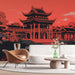Papier peint paysage asiatique avec pavillon traditionnel et reflet dans l'eau rougeoyante pour salon élégant