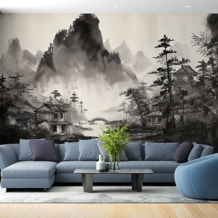 Un salon contemporain avec un papier peint en noir et blanc représentant un paysage montagneux asiatique, créant une atmosphère paisible et contemplative.