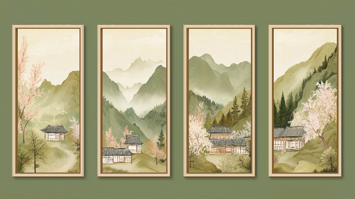 Papier peint paysage asiatique Quatre panneaux illustrant des montagnes et des maisons traditionnelles