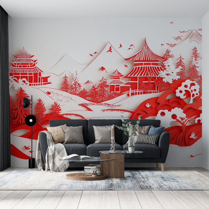 Papier peint paysage asiatique rouge et blanc avec scène traditionnelle pour salon moderne