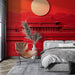 Papier peint paysage asiatique avec silhouette de temple rouge et soleil levant pour chambre moderne