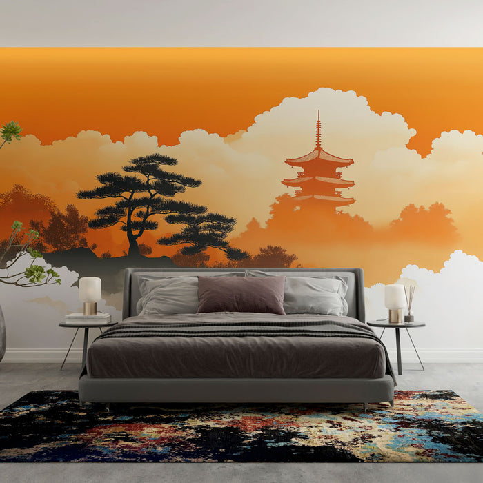 Une chambre moderne avec un papier peint représentant un paysage asiatique en dégradé orange, évoquant sérénité et harmonie.