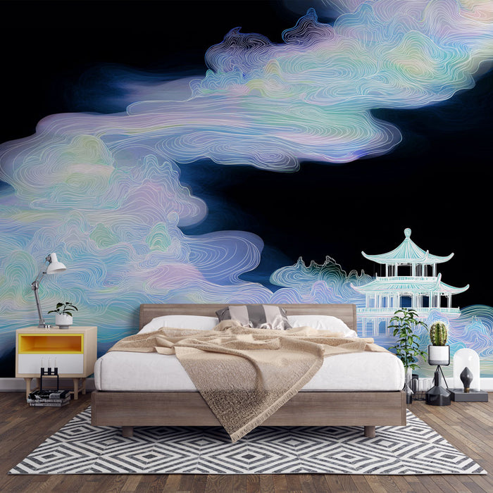 Une chambre moderne avec un papier peint représentant des nuages pastel sur fond noir, évoquant une atmosphère zen et apaisante.