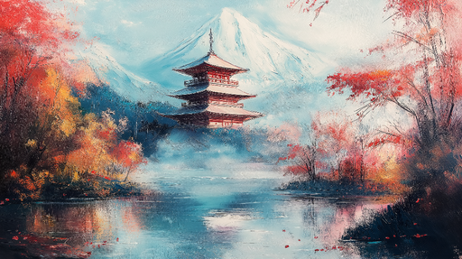 Papier peint paysage asiatique Temple japonais au bord d'un lac paisible