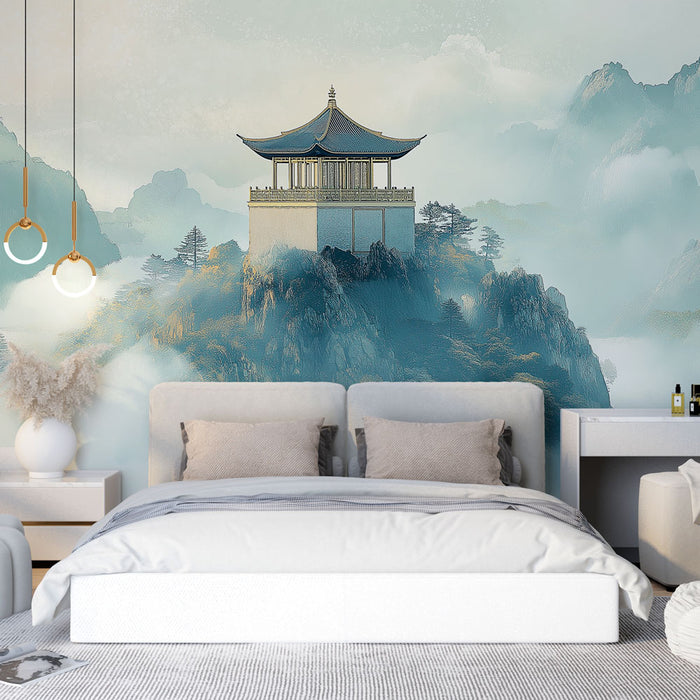 Une chambre moderne avec un papier peint représentant un paysage montagneux brumeux et un pavillon traditionnel, créant une ambiance sereine et apaisante.