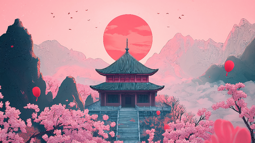 Papier peint paysage asiatique Temple traditionnel avec cerisiers sous un ciel rose