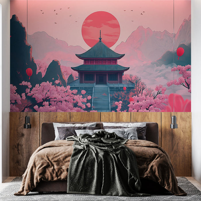 Papier peint paysage asiatique | Temple traditionnel avec cerisiers sous un ciel rose