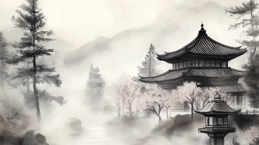 Papier peint paysage asiatique Temple traditionnel dans un brouillard mystique