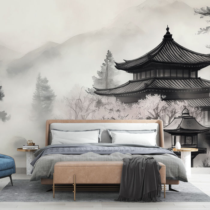 Une chambre moderne avec un papier peint représentant un paysage asiatique en noir et blanc, créant une atmosphère zen et apaisante.