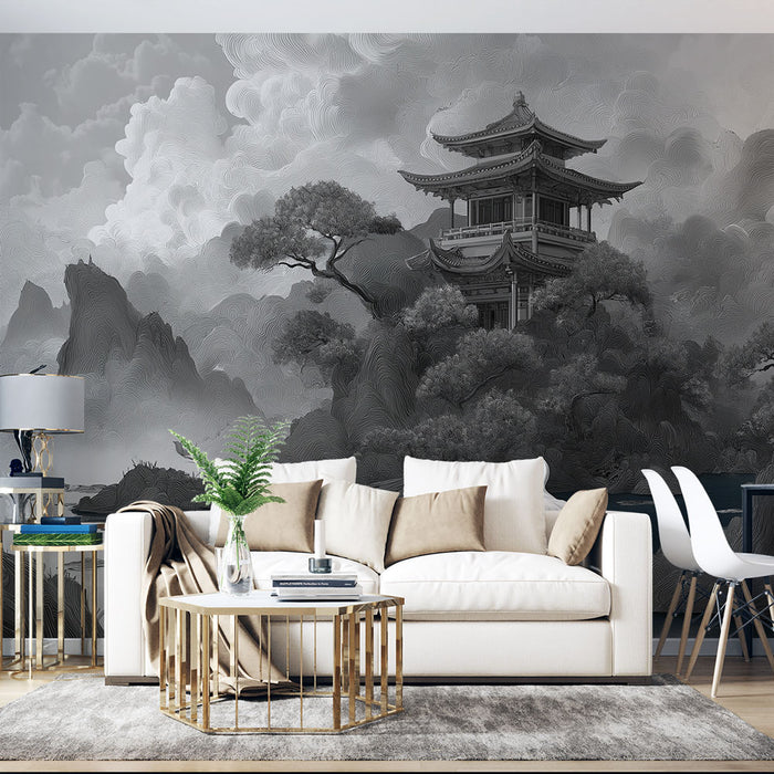 Un salon élégant avec un papier peint en noir et blanc représentant un paysage asiatique stylisé, évoquant sérénité et sophistication.