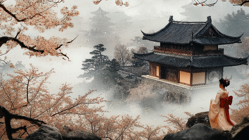 Papier peint paysage asiatique Temple traditionnel parmi les cerisiers en fleurs