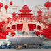 Papier peint paysage asiatique avec temples rouges et lanternes suspendues pour chambre moderne
