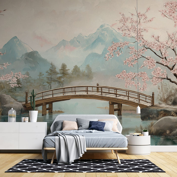 Une chambre apaisante avec un papier peint représentant un paysage oriental, des montagnes bleues et des cerisiers en fleurs créant une atmosphère sereine et rêveuse.