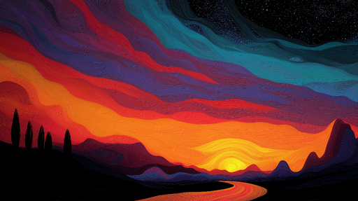 Papier peint paysage au coucher de soleil Ciel aux couleurs chaudes et silhouettes de montagnes