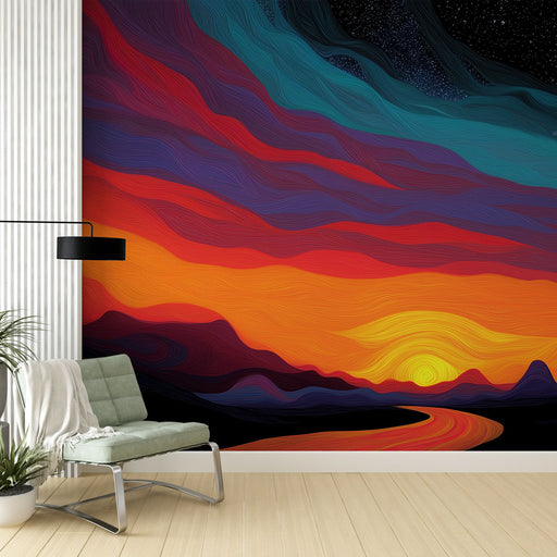 Un salon contemporain avec un papier peint abstrait aux couleurs vives, mêlant des nuances de rouge, orange et violet, créant une atmosphère dynamique et inspirante.