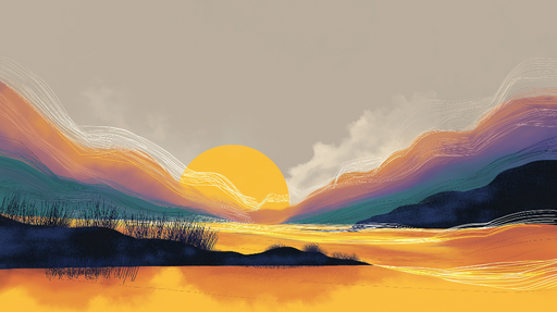 Papier peint paysage au coucher de soleil Montagnes et grande silhouette solaire