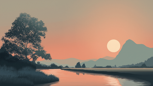 Papier peint paysage au coucher de soleil Silhouette de montagnes et reflets sur l'eau