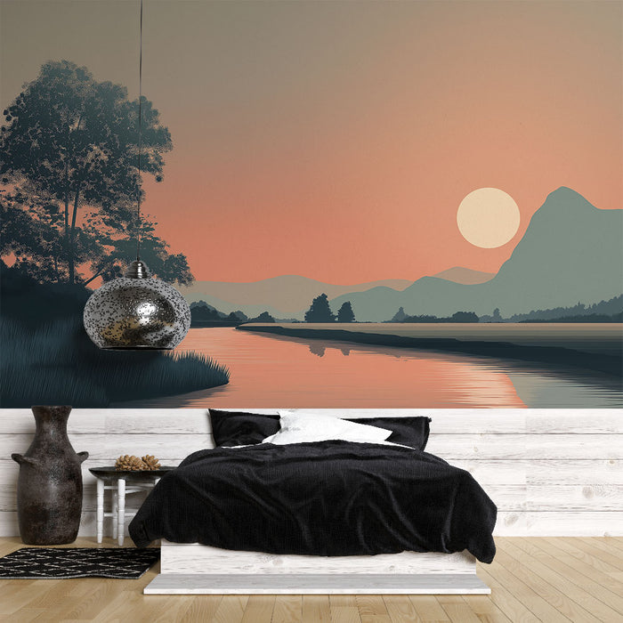 Une chambre moderne avec un papier peint représentant un paysage apaisant au coucher de soleil, mêlant des teintes douces de rose et de bleu.