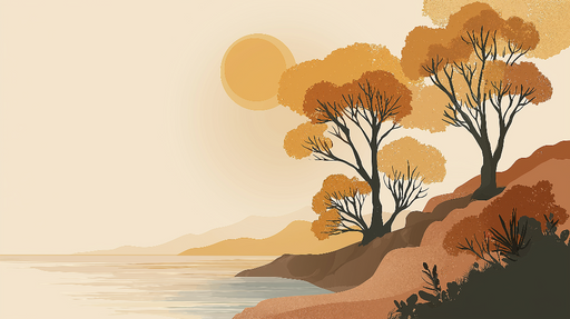 Papier peint paysage automnal Arbres aux feuillages dorés au bord de l'eau