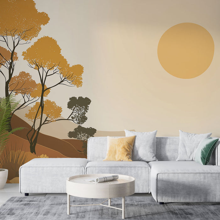 Un salon moderne avec un papier peint représentant un paysage stylisé aux teintes chaudes de jaune et brun, évoquant une atmosphère sereine et naturelle.