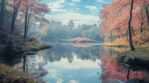 Papier peint paysage automnal Reflets d'un lac entouré d'arbres aux couleurs dorées et roses