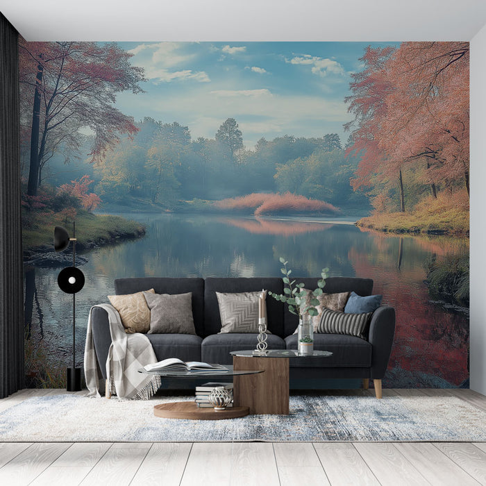 Un salon contemporain avec un papier peint représentant un paysage automnal paisible, mêlant des teintes douces de bleu, orange et vert, créant une atmosphère sereine et apaisante.