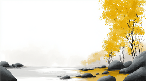 Papier peint paysage automnal Rivière calme bordée d'arbres dorés et de pierres grises