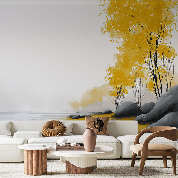 Une pièce de vie moderne avec un papier peint représentant un paysage apaisant de rochers et d'arbres jaunes, créant une ambiance sereine et naturelle.