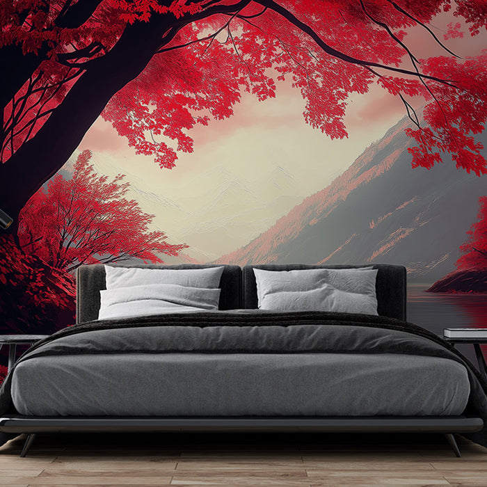 Une chambre moderne avec un papier peint représentant un paysage automnal aux arbres rouges vifs, créant une atmosphère chaleureuse et contemplative.
