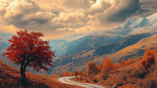 Papier peint paysage automnal Route sinueuse entourée de feuillage coloré