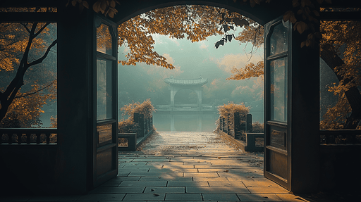 Papier peint paysage automnal Une vue apaisante sur un jardin serein