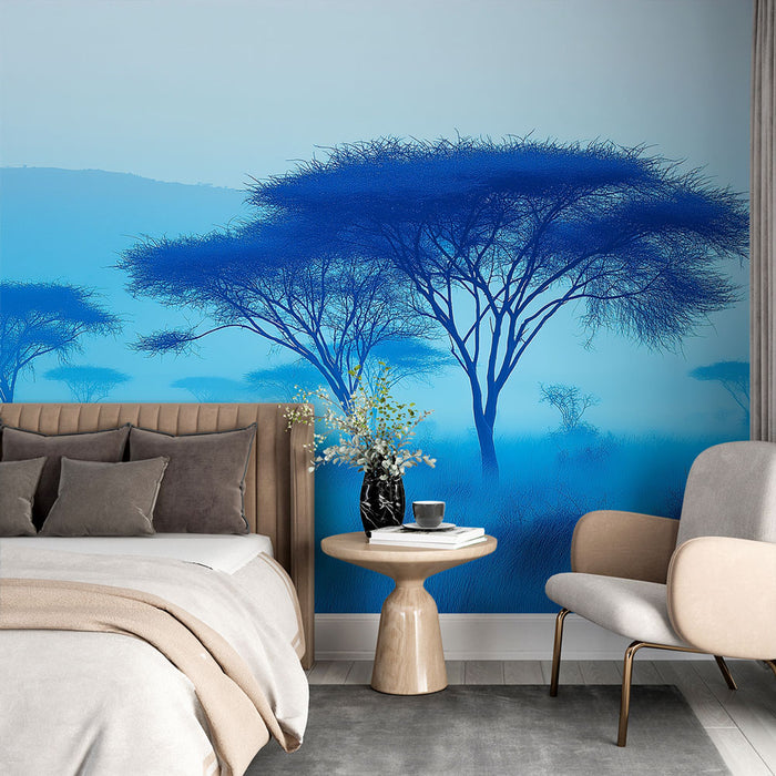 Papier peint paysage bleu | Arbres dans la brume